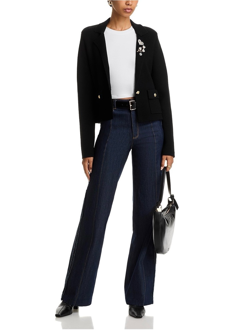 cinq a sept Black Cropped Blazer with Embellished Lapel